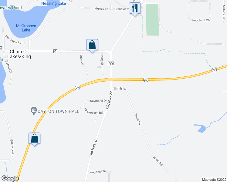 map of restaurants, bars, coffee shops, grocery stores, and more near N2395 Smith Road in Waupaca