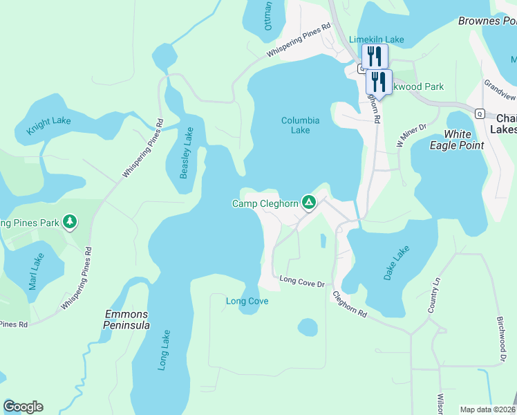 map of restaurants, bars, coffee shops, grocery stores, and more near N2390 Long Cove Drive in Waupaca