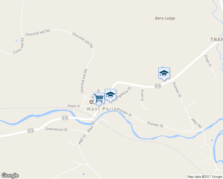 map of restaurants, bars, coffee shops, grocery stores, and more near 201 Main Street in West Paris