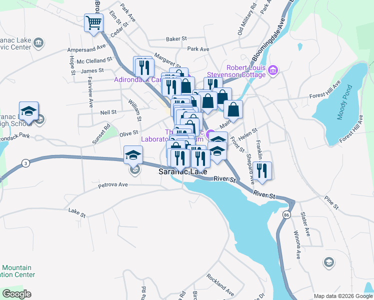 map of restaurants, bars, coffee shops, grocery stores, and more near 70 Main Street in Saranac Lake