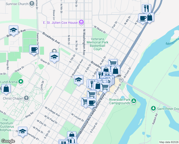 map of restaurants, bars, coffee shops, grocery stores, and more near 416 Park Row in Saint Peter