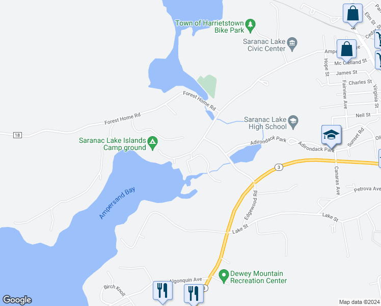 map of restaurants, bars, coffee shops, grocery stores, and more near 18 Bayside Drive in Saranac Lake