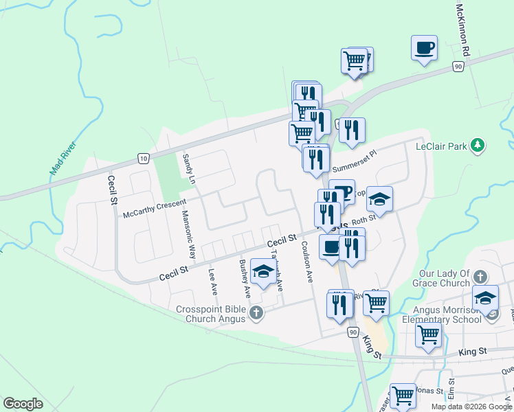 map of restaurants, bars, coffee shops, grocery stores, and more near 87 Armeda Clow Crescent in Angus