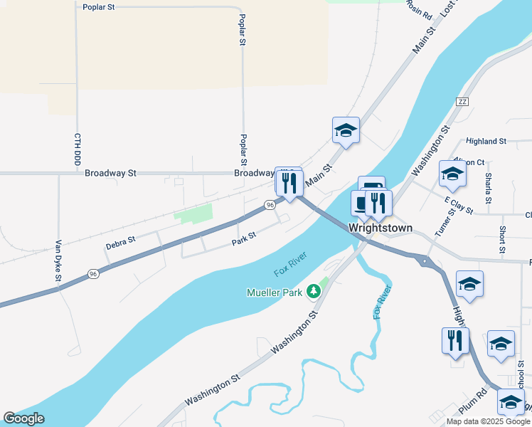 map of restaurants, bars, coffee shops, grocery stores, and more near 713 Main Street in Wrightstown