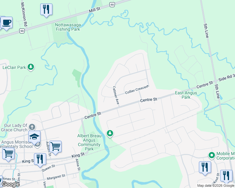 map of restaurants, bars, coffee shops, grocery stores, and more near 4 Collier Crescent in Angus