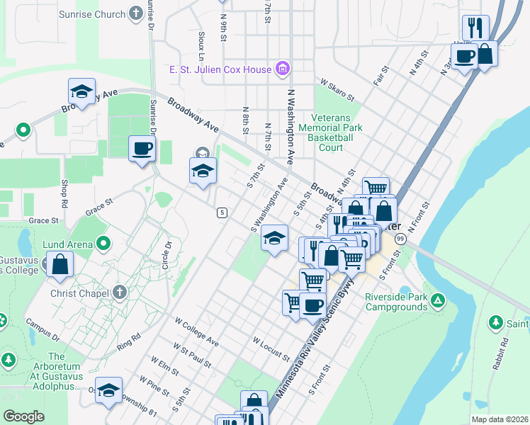 map of restaurants, bars, coffee shops, grocery stores, and more near 301 South Washington Avenue in St. Peter
