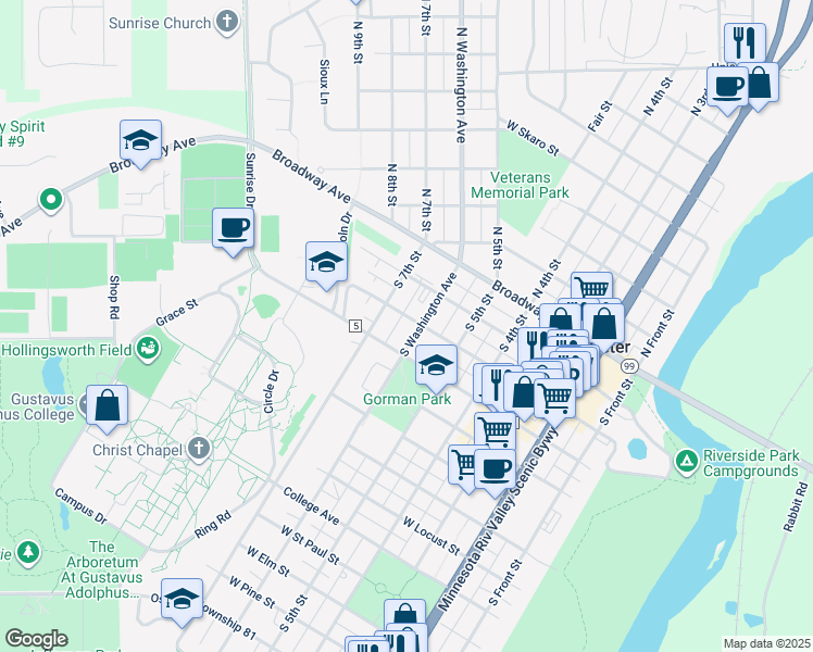 map of restaurants, bars, coffee shops, grocery stores, and more near 302 South Washington Avenue in Saint Peter