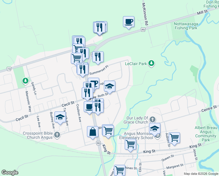 map of restaurants, bars, coffee shops, grocery stores, and more near 24 North Street in Angus