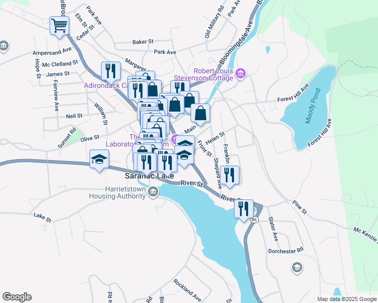 map of restaurants, bars, coffee shops, grocery stores, and more near 72 Church Street in Saranac Lake