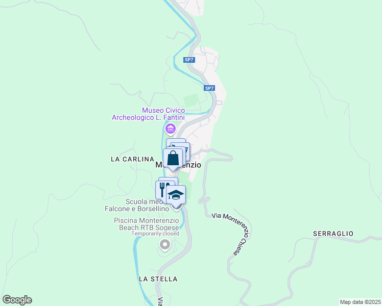 map of restaurants, bars, coffee shops, grocery stores, and more near 9 Via Monterenzio Chiesa in Monterenzio