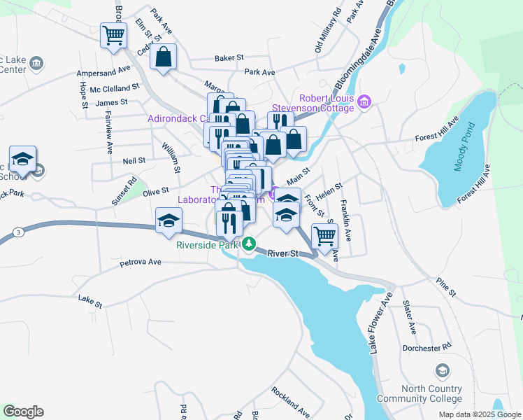 map of restaurants, bars, coffee shops, grocery stores, and more near 20 Academy Street in Saranac Lake