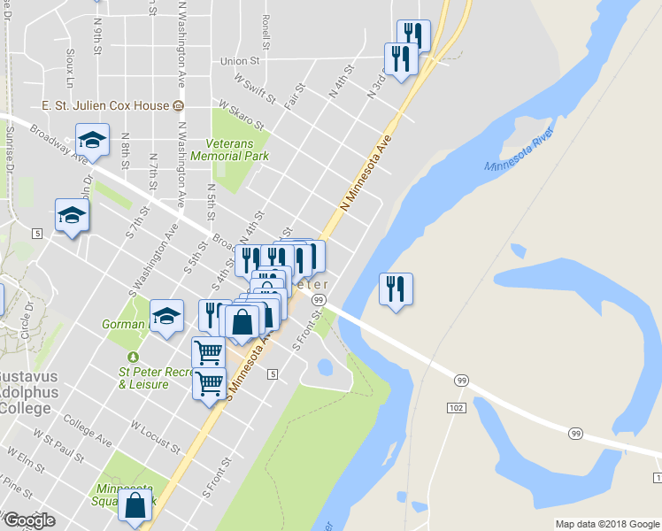 map of restaurants, bars, coffee shops, grocery stores, and more near 105 West Chestnut Street in Saint Peter