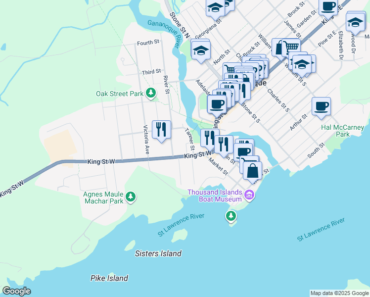 map of restaurants, bars, coffee shops, grocery stores, and more near 40 Centre Street in Gananoque