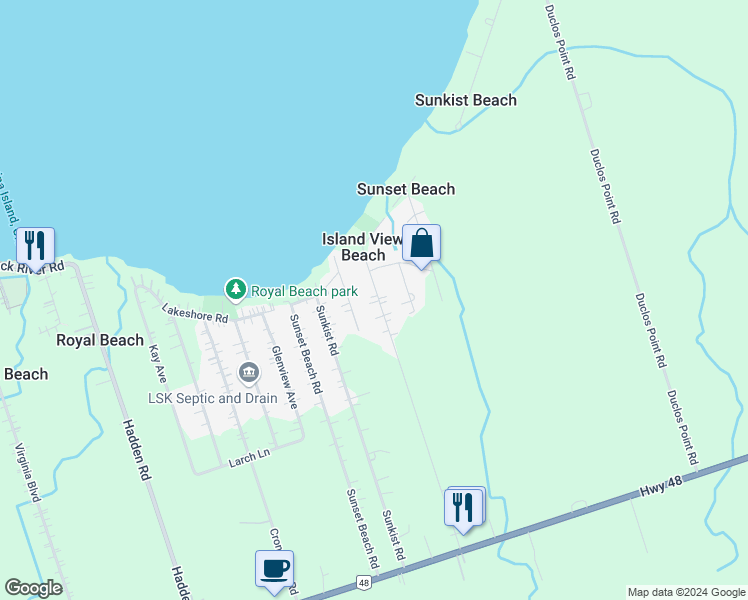 map of restaurants, bars, coffee shops, grocery stores, and more near 122 Woodfield Drive in Georgina