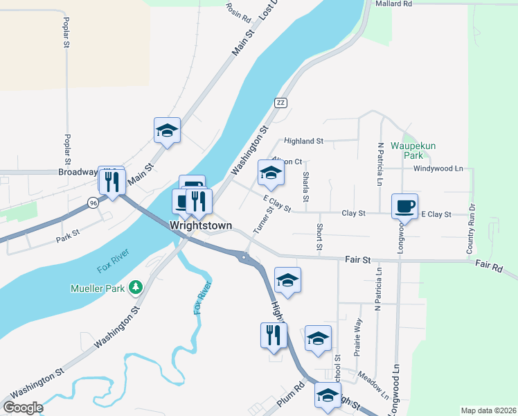 map of restaurants, bars, coffee shops, grocery stores, and more near 248 Clay Street in Wrightstown