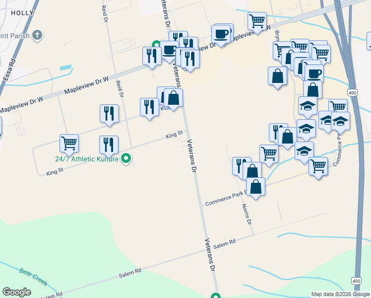 map of restaurants, bars, coffee shops, grocery stores, and more near 676 Veterans Drive in Barrie