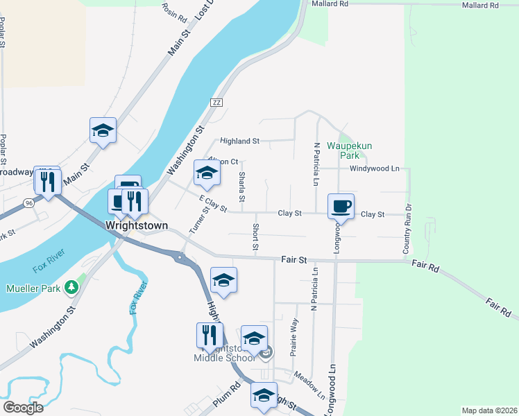 map of restaurants, bars, coffee shops, grocery stores, and more near 355 Clay Street in Wrightstown