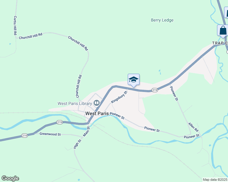 map of restaurants, bars, coffee shops, grocery stores, and more near 201 Main Street in West Paris