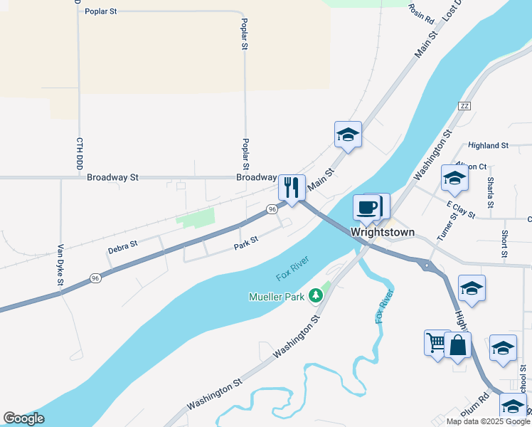 map of restaurants, bars, coffee shops, grocery stores, and more near 713 Main Street in Wrightstown