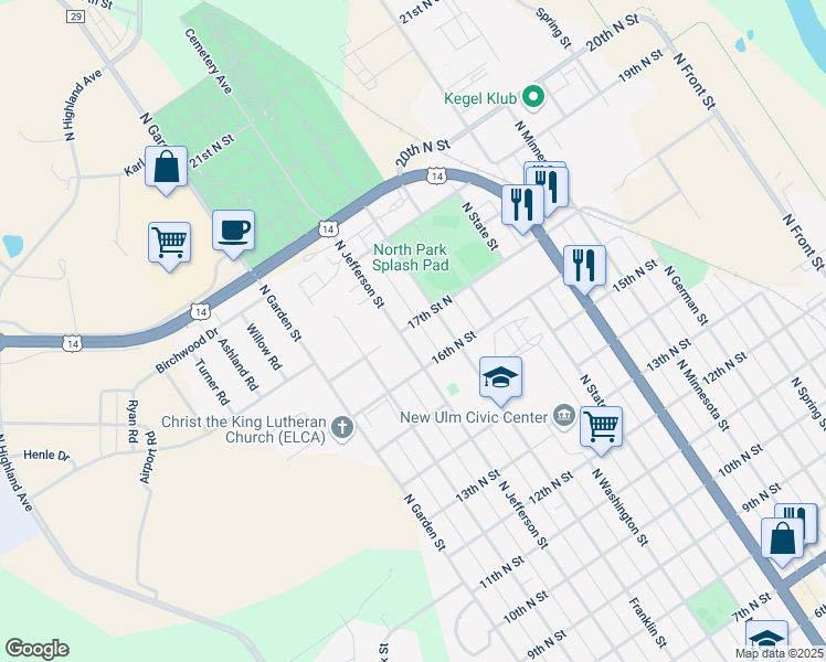 map of restaurants, bars, coffee shops, grocery stores, and more near 1625 North Franklin Street in New Ulm