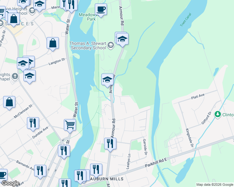 map of restaurants, bars, coffee shops, grocery stores, and more near 680 Whitaker Street in Peterborough