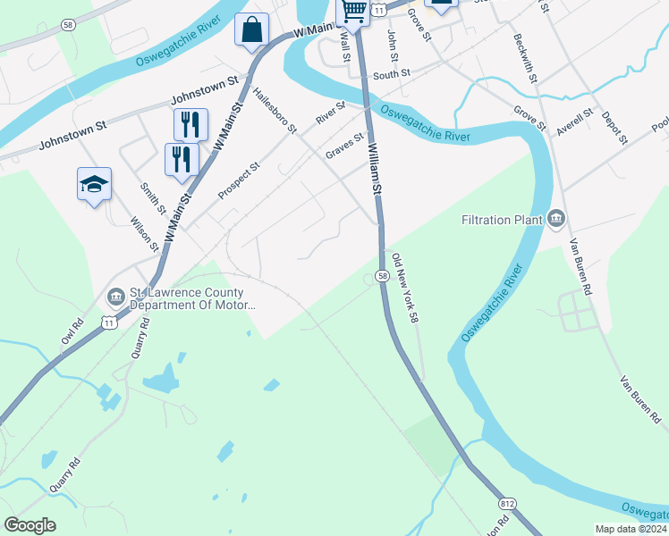 map of restaurants, bars, coffee shops, grocery stores, and more near 190 Hailesboro Street in Gouverneur