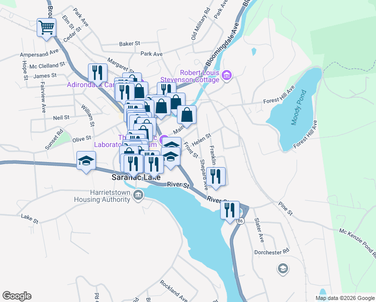 map of restaurants, bars, coffee shops, grocery stores, and more near 27 Front Street in Saranac Lake
