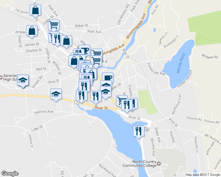 map of restaurants, bars, coffee shops, grocery stores, and more near 15 Helen St in Saranac Lake