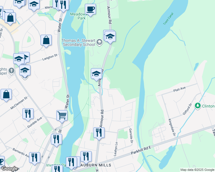 map of restaurants, bars, coffee shops, grocery stores, and more near 680 Whitaker Street in Peterborough