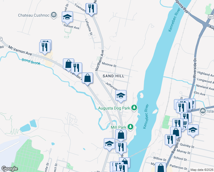 map of restaurants, bars, coffee shops, grocery stores, and more near 121 Northern Avenue in Augusta