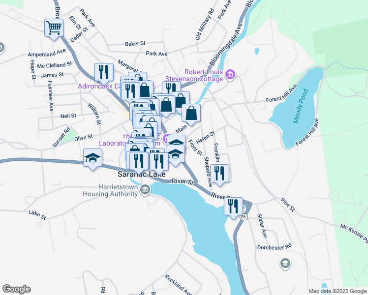 map of restaurants, bars, coffee shops, grocery stores, and more near 72 Church Street in Saranac Lake