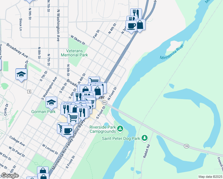 map of restaurants, bars, coffee shops, grocery stores, and more near 105 West Chestnut Street in Saint Peter