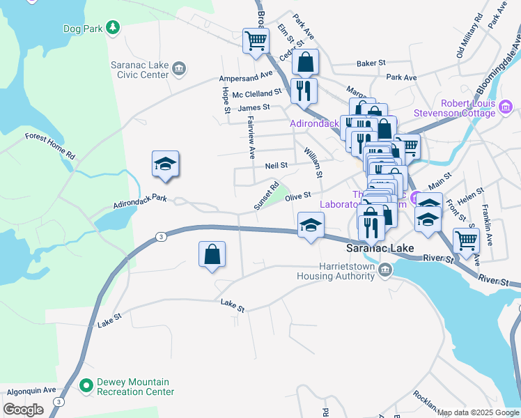 map of restaurants, bars, coffee shops, grocery stores, and more near 27 Olive Street in Saranac Lake