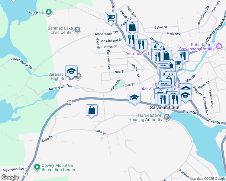 map of restaurants, bars, coffee shops, grocery stores, and more near 27 Olive Street in Saranac Lake