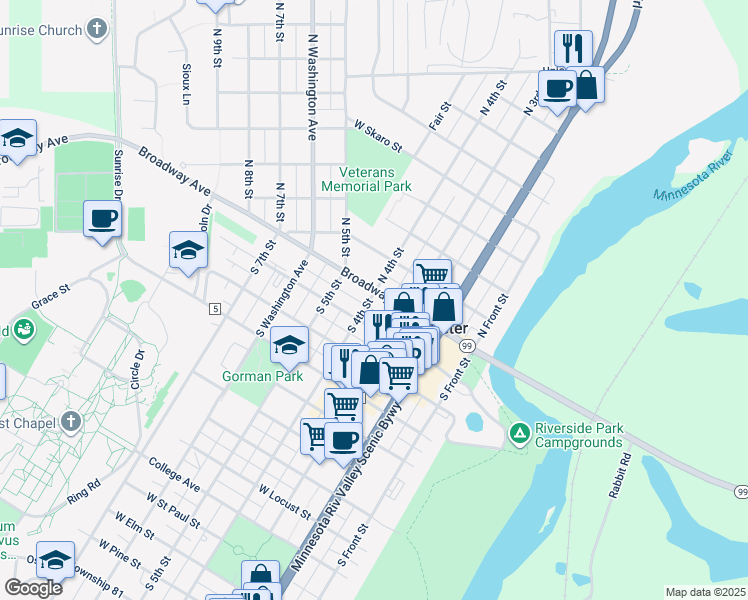 map of restaurants, bars, coffee shops, grocery stores, and more near 328 Broadway Avenue in Saint Peter