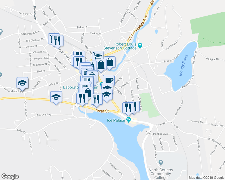 map of restaurants, bars, coffee shops, grocery stores, and more near 19 Helen Street in Saranac Lake