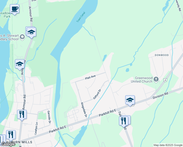 map of restaurants, bars, coffee shops, grocery stores, and more near 308 Plati Avenue in Peterborough