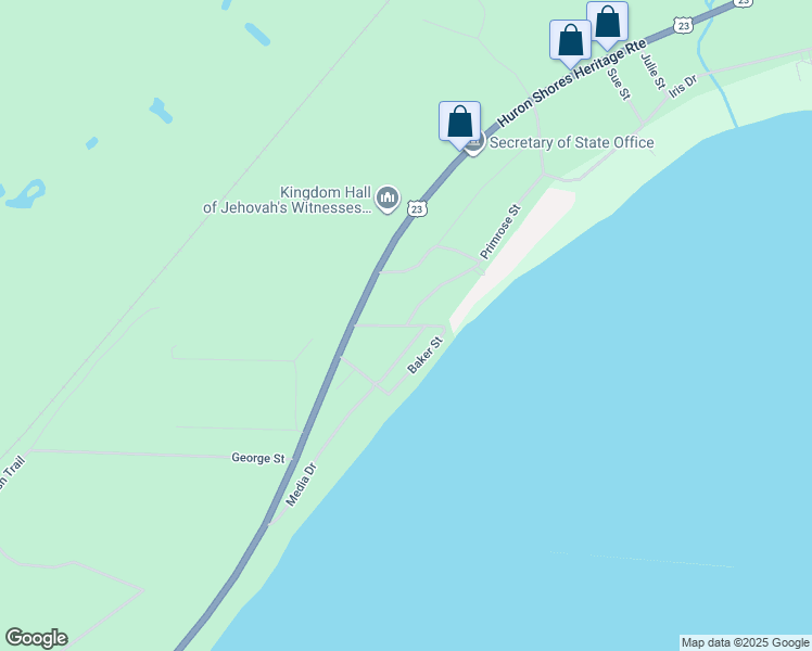 map of restaurants, bars, coffee shops, grocery stores, and more near 1600 Primrose Street in East Tawas