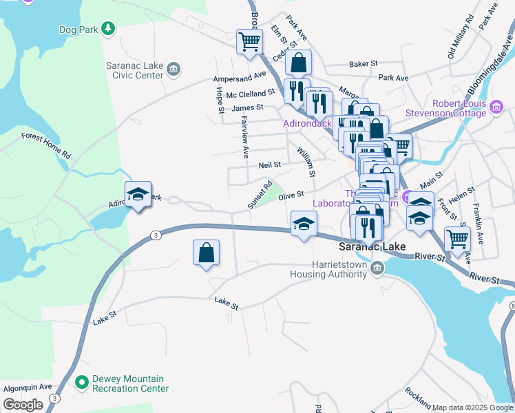 map of restaurants, bars, coffee shops, grocery stores, and more near 33 Olive Street in Saranac Lake