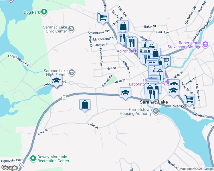 map of restaurants, bars, coffee shops, grocery stores, and more near 33 Olive Street in Saranac Lake