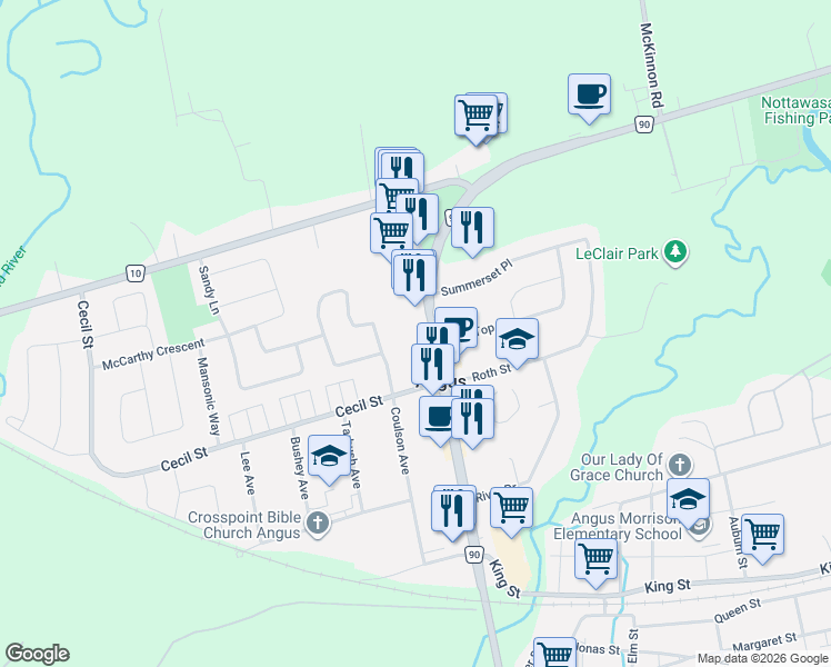 map of restaurants, bars, coffee shops, grocery stores, and more near 215 Mill Street in Essa