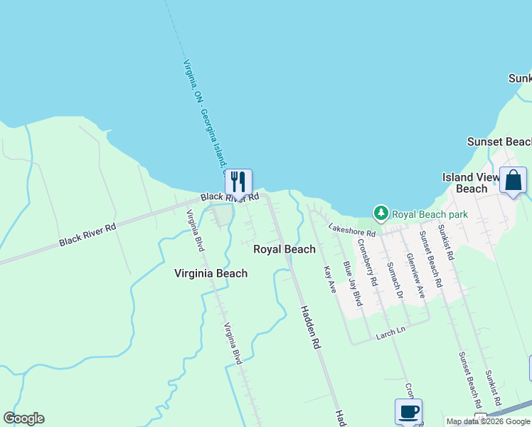 map of restaurants, bars, coffee shops, grocery stores, and more near 8 Hadden Road in Georgina
