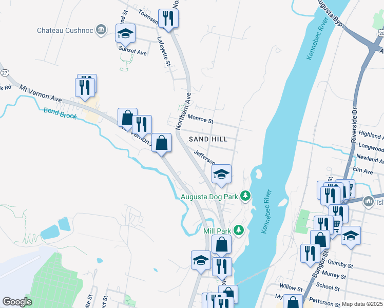 map of restaurants, bars, coffee shops, grocery stores, and more near 121 Northern Avenue in Augusta