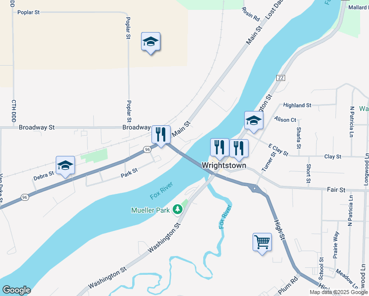 map of restaurants, bars, coffee shops, grocery stores, and more near 219 Broadway Street in Wrightstown