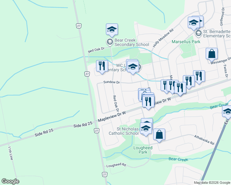 map of restaurants, bars, coffee shops, grocery stores, and more near 37 Red Oak Drive in Barrie