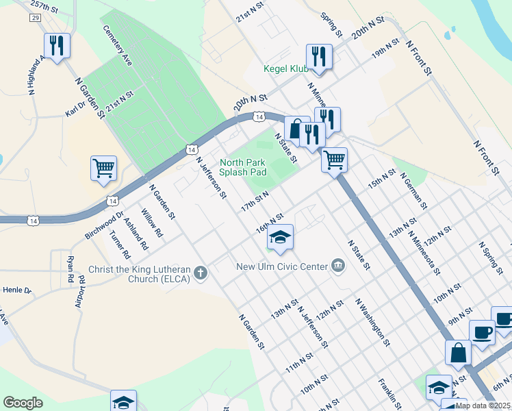 map of restaurants, bars, coffee shops, grocery stores, and more near 1625 North Franklin Street in New Ulm