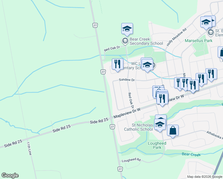 map of restaurants, bars, coffee shops, grocery stores, and more near 82 Sundew Drive in Barrie