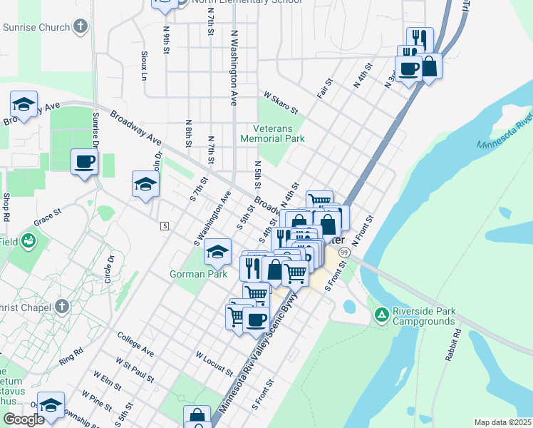 map of restaurants, bars, coffee shops, grocery stores, and more near 328 Broadway Avenue in Saint Peter