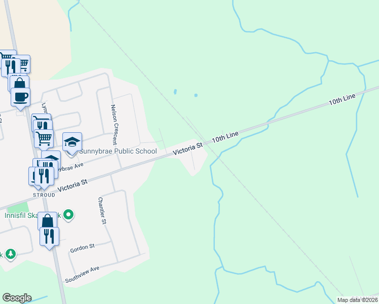 map of restaurants, bars, coffee shops, grocery stores, and more near 1973 10th Line in Innisfil