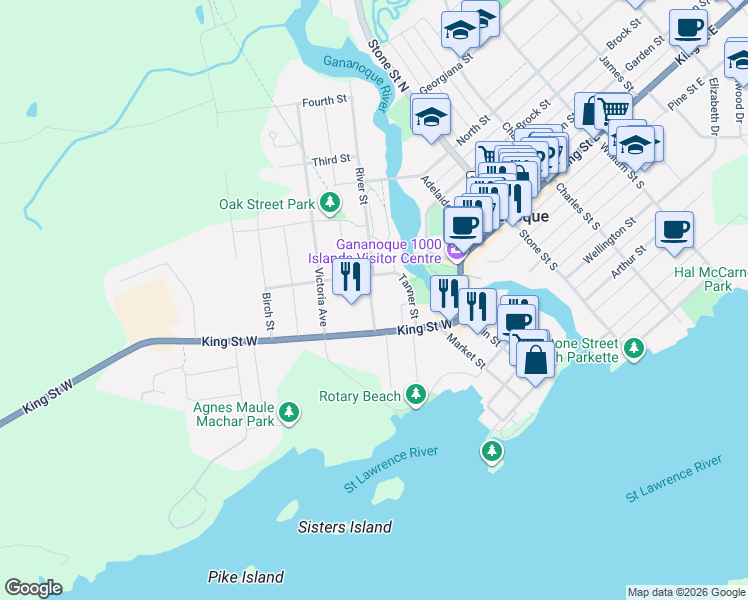 map of restaurants, bars, coffee shops, grocery stores, and more near 65 Hickory Street in Gananoque